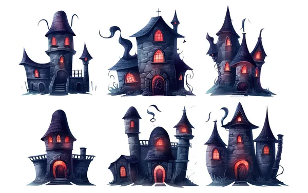 Set Vector Ilustración Del Concepto Halloween Castillo Mágico Aislado Sobre — Vector de stock