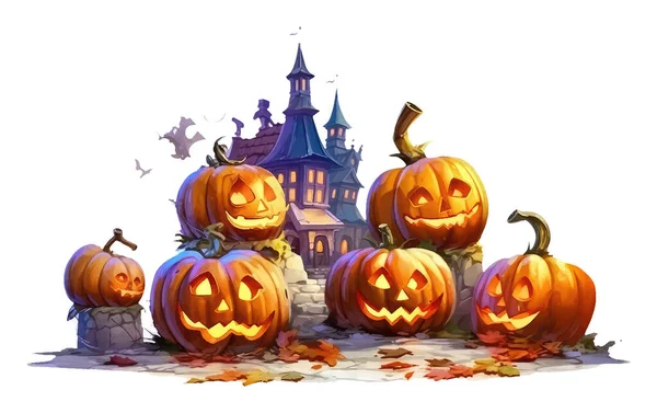 Halloween Noite Fundo Abóboras Castelo Escuro — Vetor de Stock
