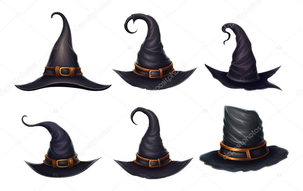 Set vector illustration of halloween theme black witch hat isolated on white background.
