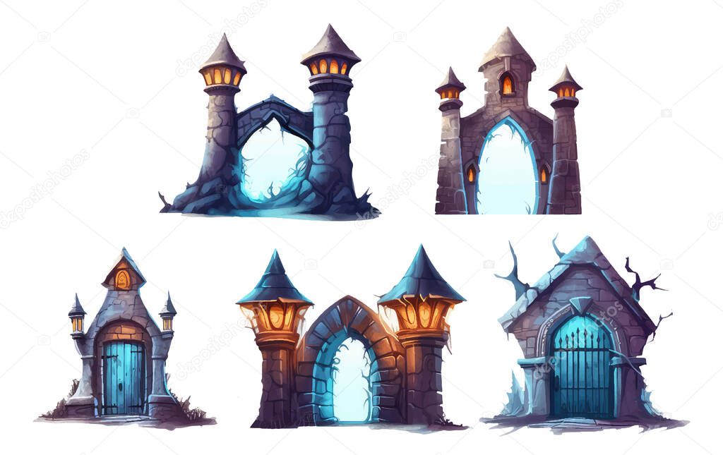 Set vector illustration of magic castle halloween concept isolated on white background.