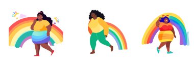 Beyaz üzerine gökkuşağı bayrağı asılmış Afro-Amerikan kadının vektör çizimini ayarla.