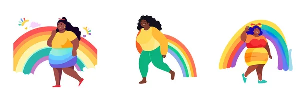 Set Vector Illustration Afro American Woman Rainbow Flag Isolate White — Stock Vector
