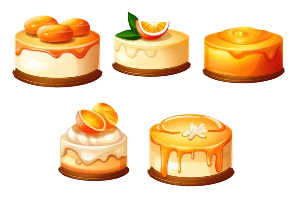 Set Vector Illustration Cheesecake Orange Jam Isolate White Background — Vetor de Stock