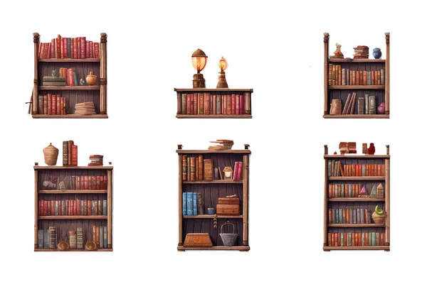 Set Vektor Illustration Des Bücherregals Isoliert Auf Weißem Hintergrund Zurück — Stockvektor