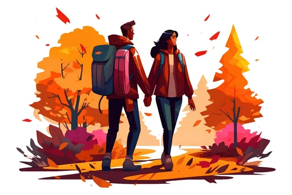 Set Gambar Vektor Pasangan Yang Jatuh Cinta Berjalan Taman Musim - Stok Vektor