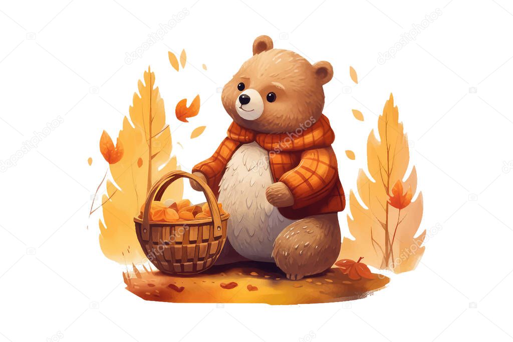 Ui set vector illustration of cute bear with basket isolate on white background.