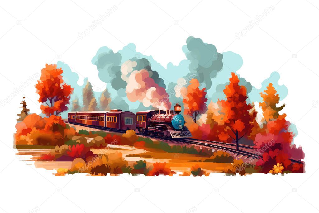 Ui vector illustration of train in autumn forest isolate on white background.