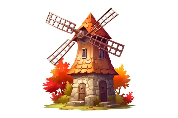 Windmühle Cartoon Stil Für Videospiel Isoliert Auf Weißem Hintergrund — Stockvektor