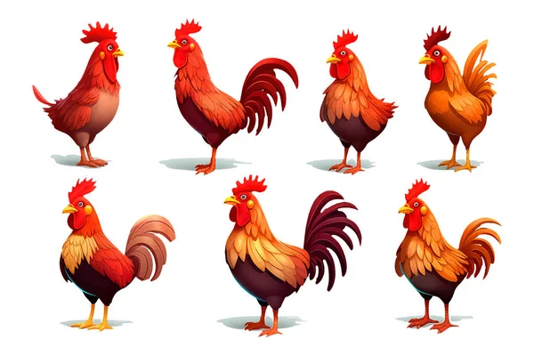 Set Rooster Cartoon Style Video Game Isolated White Background — Stock Vector