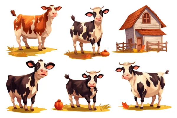 Nastavit Kráva Kresleném Stylu Pro Videohry Izolované Bílém Pozadí — Stockový vektor