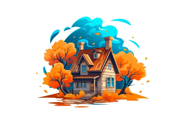 アイコンのためのフラットスタイルで白い背景に漫画の秋の家 — ストックベクタ