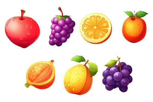 Establecer Frutas Estilo Dibujos Animados Para Videojuegos Aislados Sobre Fondo — Vector de stock