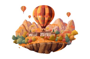 Kapadokya sonbahar seyahatinde sıcak hava balonunun vektör illüstrasyonunu beyaz arkaplanda izole et.