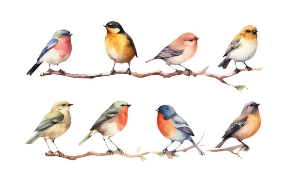 Aquarelle Set Vectoriel Illustraton Oiseau Sur Une Branche Isolée Sur — Image vectorielle