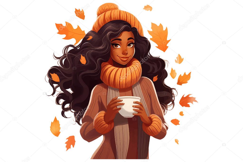 Ui set vector illustration of woman with autumn beverage cup isolate on white background.