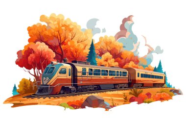 Evet, sonbahar ormanlarında trenin çizimi beyaz arka planda izole edilir..