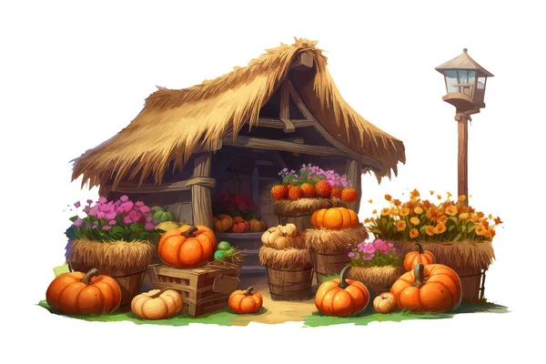 Set Vektor Illustration Von Herbst Kürbismarkt Der Nähe Gartenhaus Garage — Stockvektor