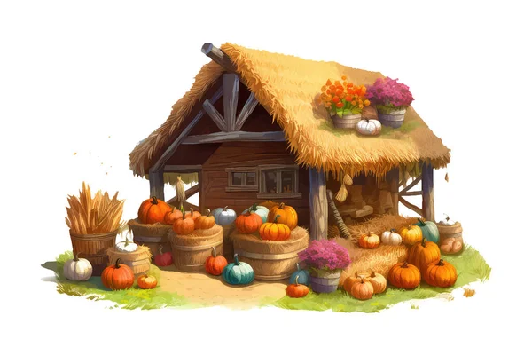 Set Vektor Illustration Von Herbst Kürbismarkt Der Nähe Gartenhaus Garage — Stockvektor