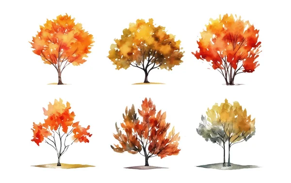 Aquarel Set Vector Illustratie Van Kleurrijke Herfst Boom Geïsoleerd Witte — Stockvector