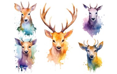 Geyiklerin sonbaharda beyaz arka planda izole edilmiş suluboya vektör çizimi.