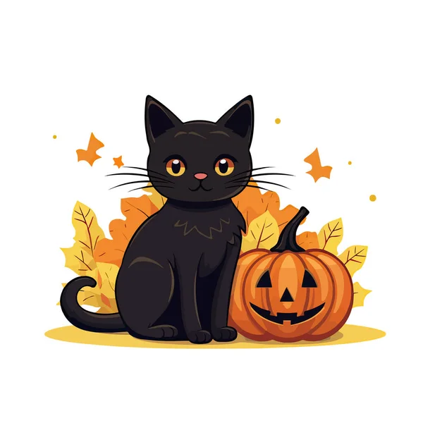 stock vector Halloween black cat with pumpkin on white background.