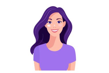 happy smiling woman in purple clothes on white background clipart