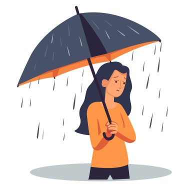 Bir kadın şemsiye tutuyor ve üzgün görünüyor. Şemsiye siyah ve turuncu. Kadın yağmurda duruyor.