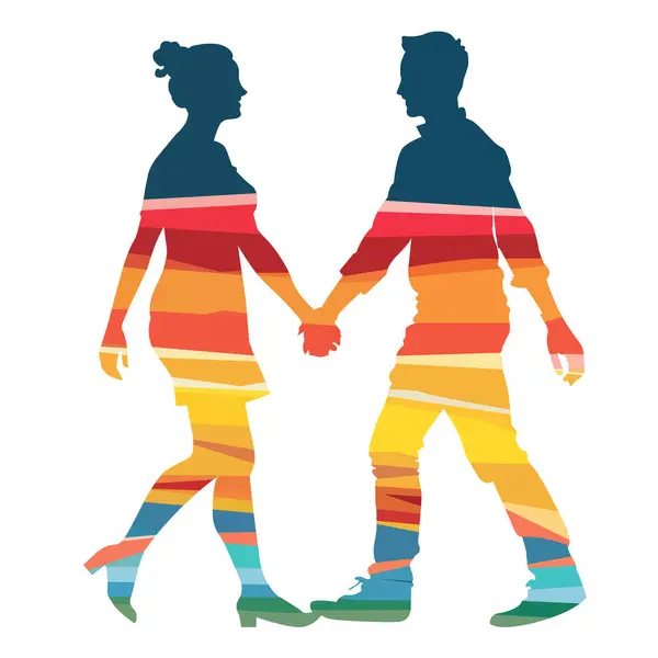 Ein Paar Hält Händchen Einem Regenbogenfarbenen Bild Konzept Von Liebe lizenzfreie Stockillustrationen
