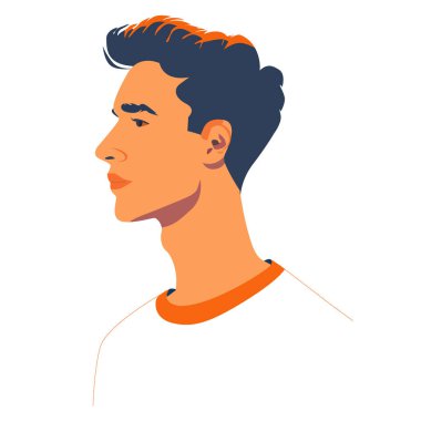 Mavi ve turuncu gömlekli bir adam. Sakalı ve bıyığı var.