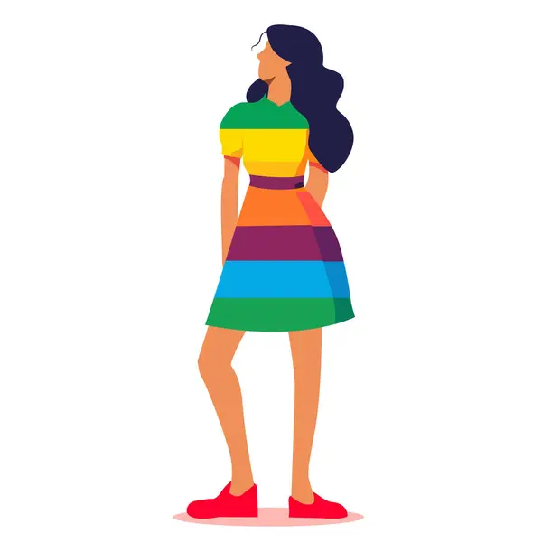 Eine Frau Regenbogenkleid Steht Vor Weißem Hintergrund Das Kleid Ist Vektorgrafiken