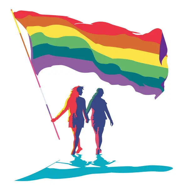 Zwei Personen Mit Einer Regenbogenfahne Die Fahne Ist Groß Und Vektorgrafiken