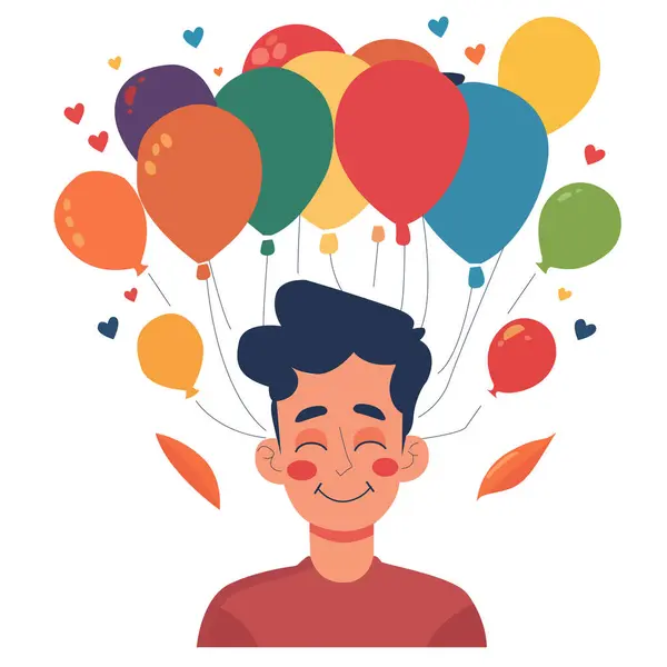 Ein Junger Mann Ist Von Einem Haufen Bunter Luftballons Umgeben Stockillustration