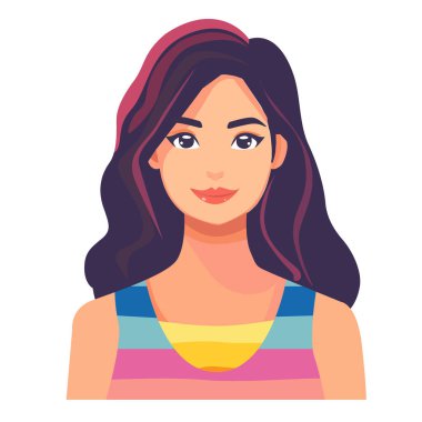 Uzun siyah saçlı ve yüzünde bir gülümseme olan bir kadın. Çizgili bir atlet giyiyor.