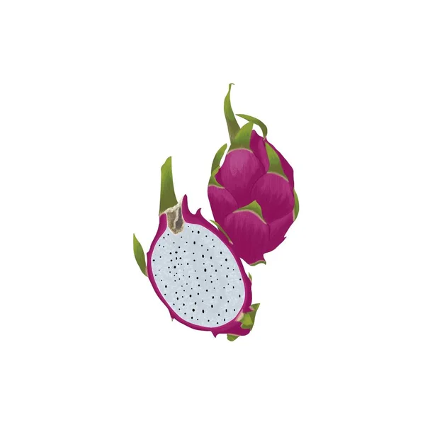 Beyaz arka planda bir bütün ve dilimlenmiş ejderha meyvesi tasviri 