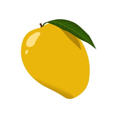Olgun bir mango resmi ve yeşil yaprakları. 