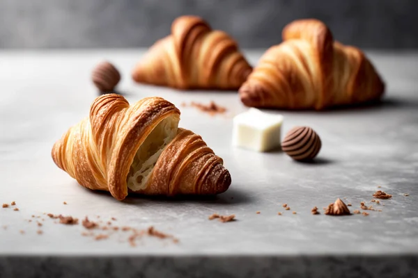 This image features freshly baked croissants arranged in a neat and appetizing manner on a white background. The golden brown croissants have a crisp outer layer and a soft, buttery interior. This image is perfect for showcasing bakery items, breakfa