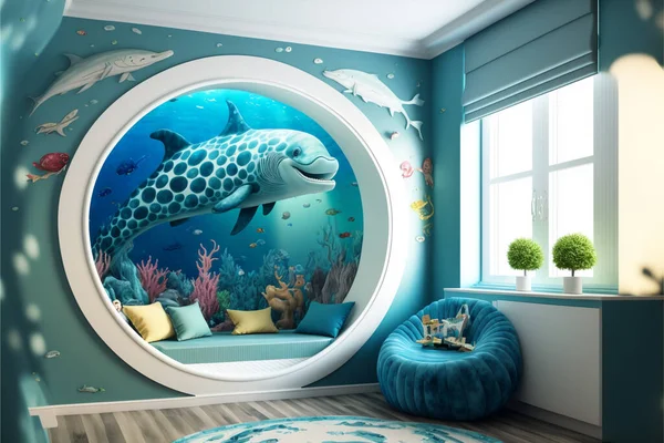 Interior of modern children\'s room with stylish furniture and toys, Children\'s hut, play tent and toys