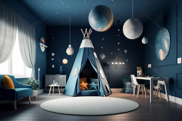 Interior of modern children\'s room with stylish furniture and toys, Kids play room, kids bed room, Children\'s hut, play tent and toys
