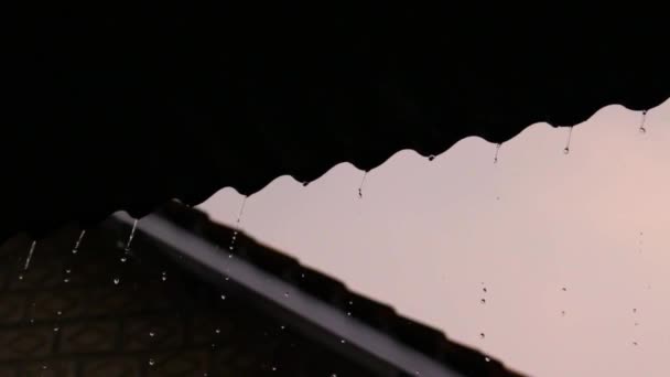 지붕에서 빗방울이 떨어지면서 아름다운 곡조로 거리고 고요하고 어두운 — 비디오