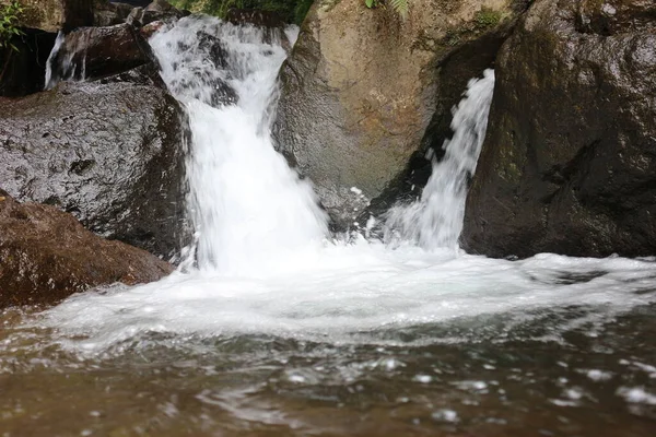Şelaledeki Kayalıklardan Akan Berrak Suyun Yakın Görüntüsü — Stok fotoğraf