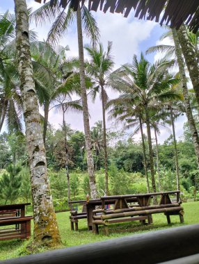 Gün boyunca yemek alanında boş bank ve masalar.