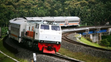 Kırsal ya da tepelik bir alanda hareket eden bir yolcu treni görüntüsü. İki tren hattı ve güzel manzarası var..