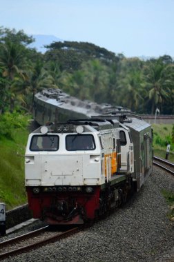 Kırsal ya da tepelik bir alanda hareket eden bir yolcu treni görüntüsü. İki tren hattı ve güzel manzarası var..