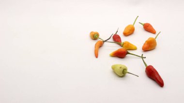 Beyaz arka planda kırmızı biber, taze bir mutfak baharatına benziyor..