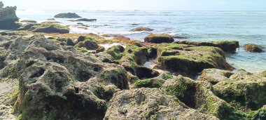 Endonezya 'da büyük kayalarla suluban sahilinin güzel manzarası