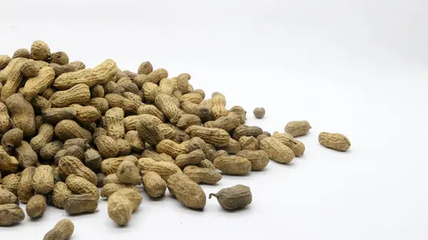 Kabuklu fıstıklar beyaz arka planda izole edilmiş.