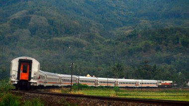 Güzel doğal manzaralı, kırsal kesimden geçen bir trenin görüntüsü.