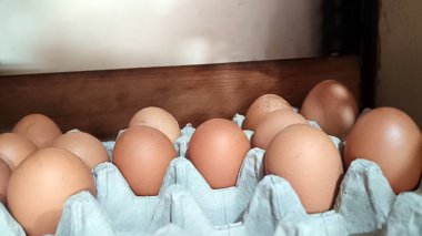 Taze tavuk yumurtalarını bir karton içinde kapat.