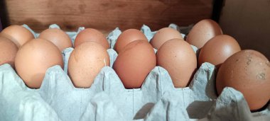 Taze tavuk yumurtalarını bir karton içinde kapat.