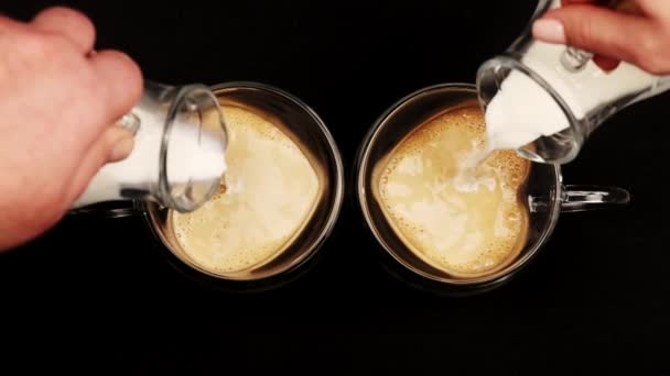 Man Woman Pour Milk Make Latte Coffee Heart Shaped Glasses — Vídeo de Stock